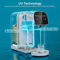 Countertop water filter with UV sterilization, PCC+RO filters, and internal storage tank dispensing purified water