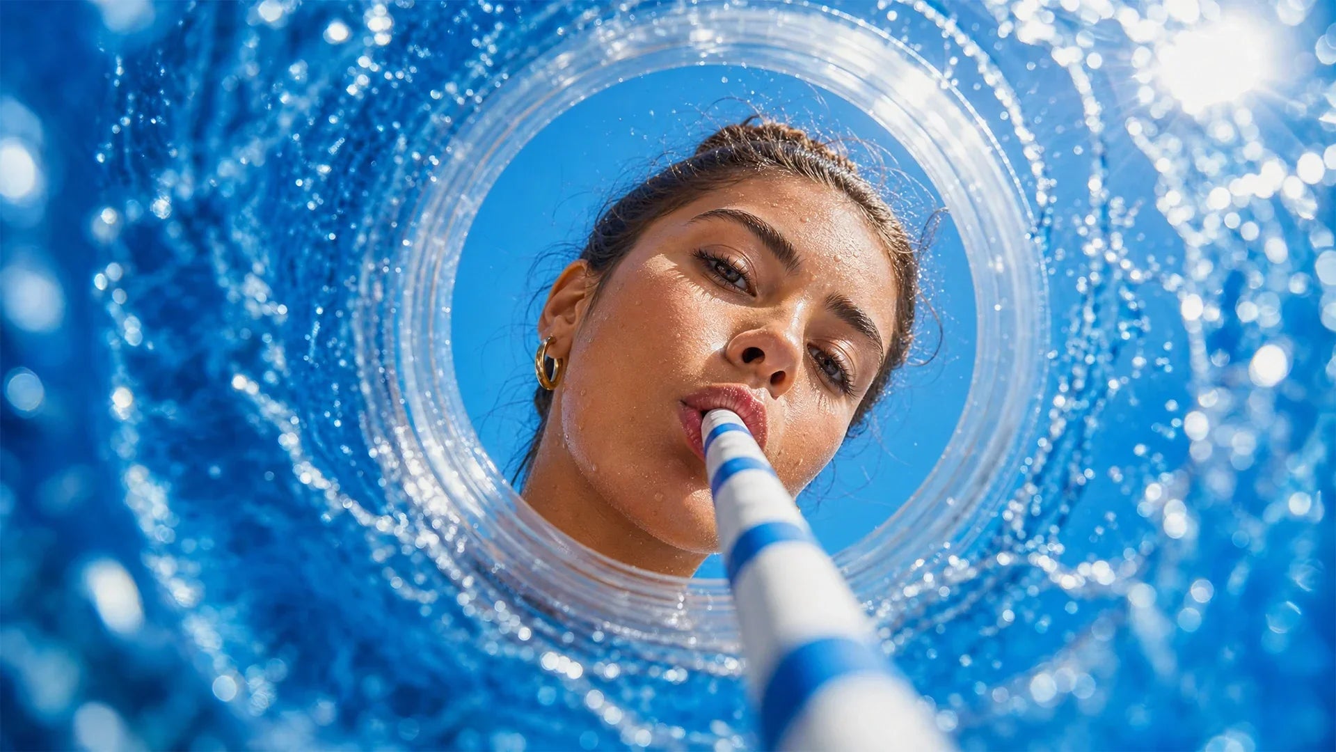 Woman drinking pure water through straw with sparkling blue splash, enjoying clean hydration outdoors