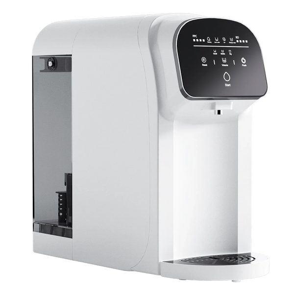 White countertop water filter with digital display, UV sterilization, and RO purification for clean, mineral-rich drinking water.