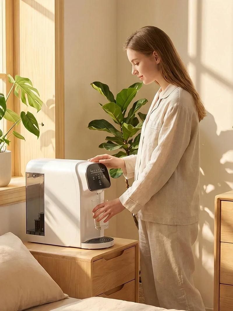 Woman pouring purified water from countertop RO filter with UV sterilization in sunny bedroom