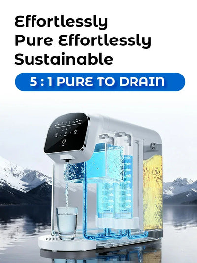 Countertop water filter dispensing pure water with UV sterilization, 5:1 pure to drain ratio, no installation needed