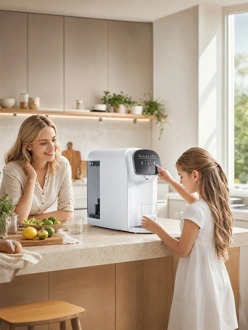 Child filling glass with purified water from countertop filter, mom watching in modern kitchen