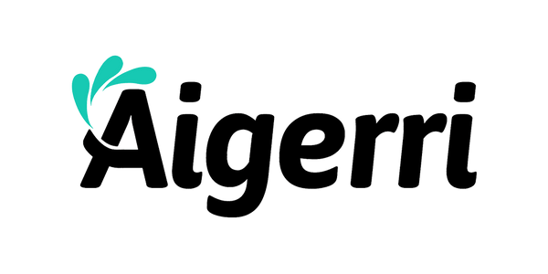 Aigerri brand logo with teal water droplet design on dark background