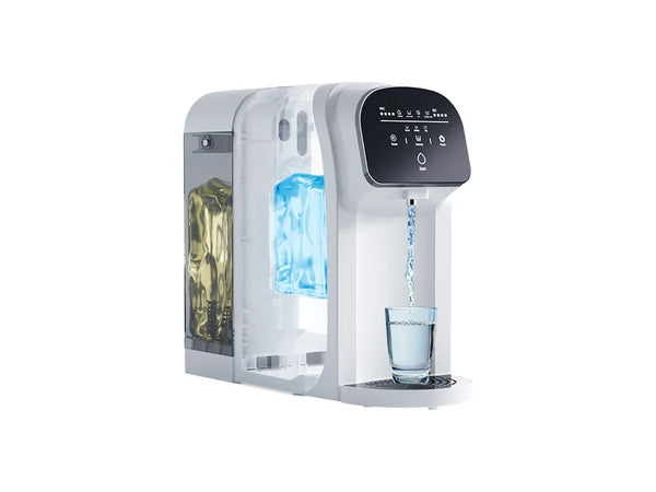 Countertop water filter dispensing purified water into glass, UV sterilization, no installation needed