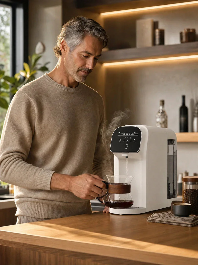 Man pouring hot water from countertop water filter into coffee carafe in modern kitchen