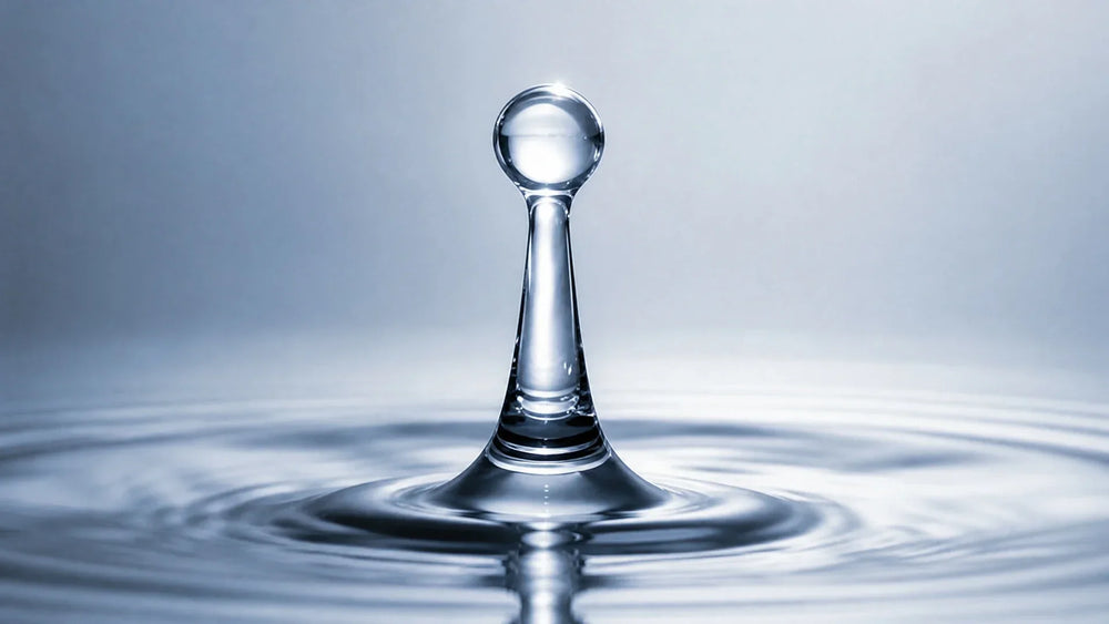 Pure water droplet splashing, symbolizing clean, filtered drinking water with mineral richness and purity.