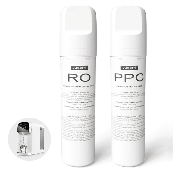 Aigerri RO and PPC water filter cartridges for countertop reverse osmosis system, purifying tap water with UV sterilization