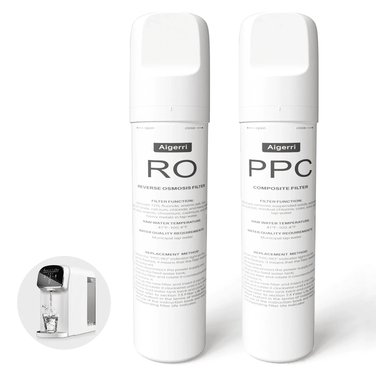 Aigerri RO and PPC water filter cartridges for countertop reverse osmosis system, purifying tap water with UV sterilization