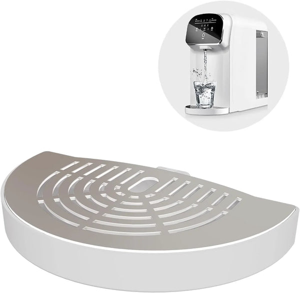 White countertop water dispenser with drip tray, dispensing purified water into glass