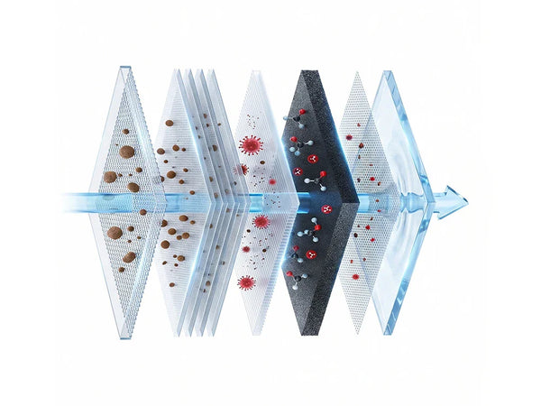 Water filtration stages removing contaminants, bacteria, and viruses for pure, mineral-rich drinking water